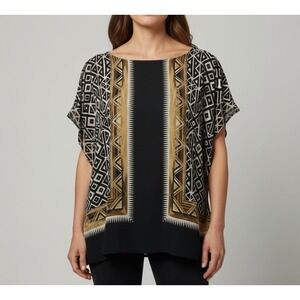 Ruby Rd Womens large Geometric Tribal Print Poncho Blouse Black Gold Size L